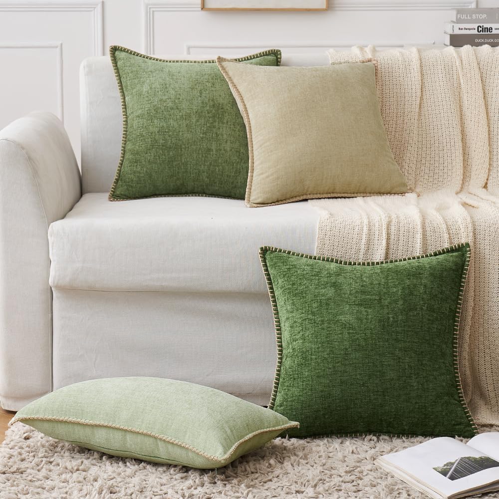 Miulee Pack of 2 Couch Pillow Covers 22x22 Inch Moss Green Farmhouse Decorative Throw Pillow Covers with Stitched Edge Soft Chenille Solid…