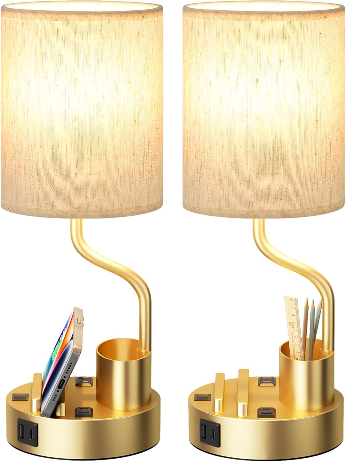 Gold Bedside Table Lamps for Bedroom Set of 2 - Nightstand Light with AC Outlet and USB A & C for Charging, 3 Color Temperatures Desk…