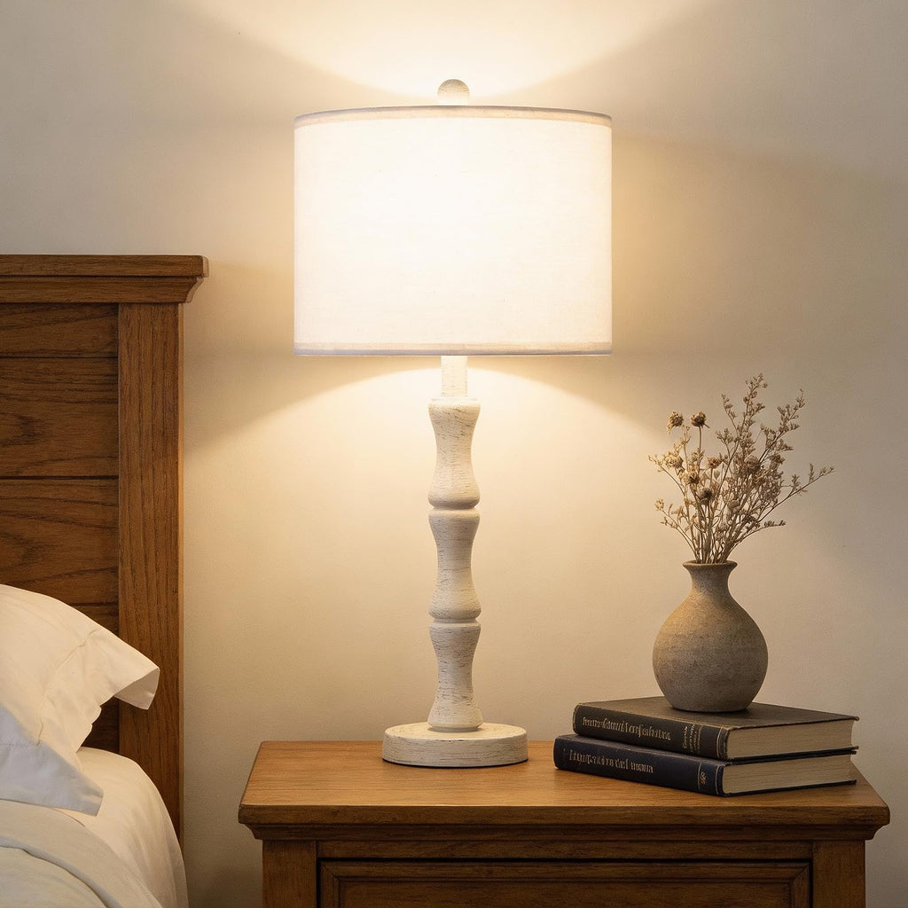 BOBOMOMO 25" Farmhouse Bedside Lamps Set of 2, Vintage Nightstand Lamps with Antique White Resin Base & Linen Shade, Standard Table Lamps…