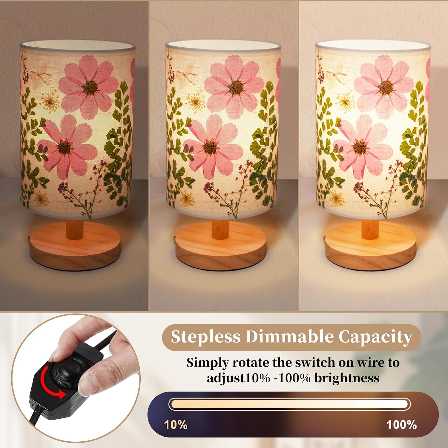 Dried Flowers Small Table Lamp 9W LED Dimmable Warm Light Pressed Flower Bedside Lamp Linen Shade with Wood Base for Bedroom Living Room…