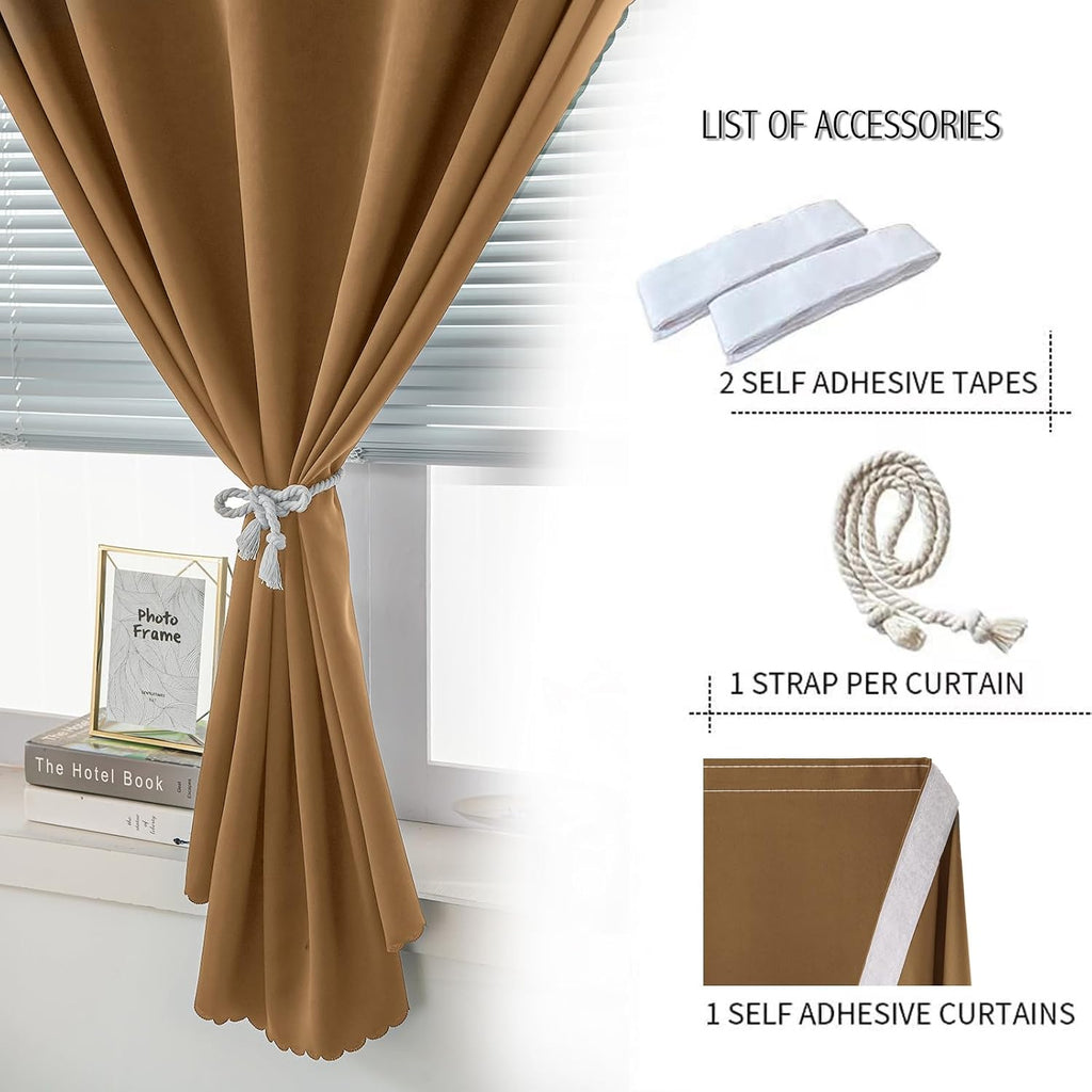 Self Adhesive Curtains, Stick Curtain Blackout Shades Window Cover Curtains for Living Room No Drilling, 47" W X 71" L, Brown, 1 Panel