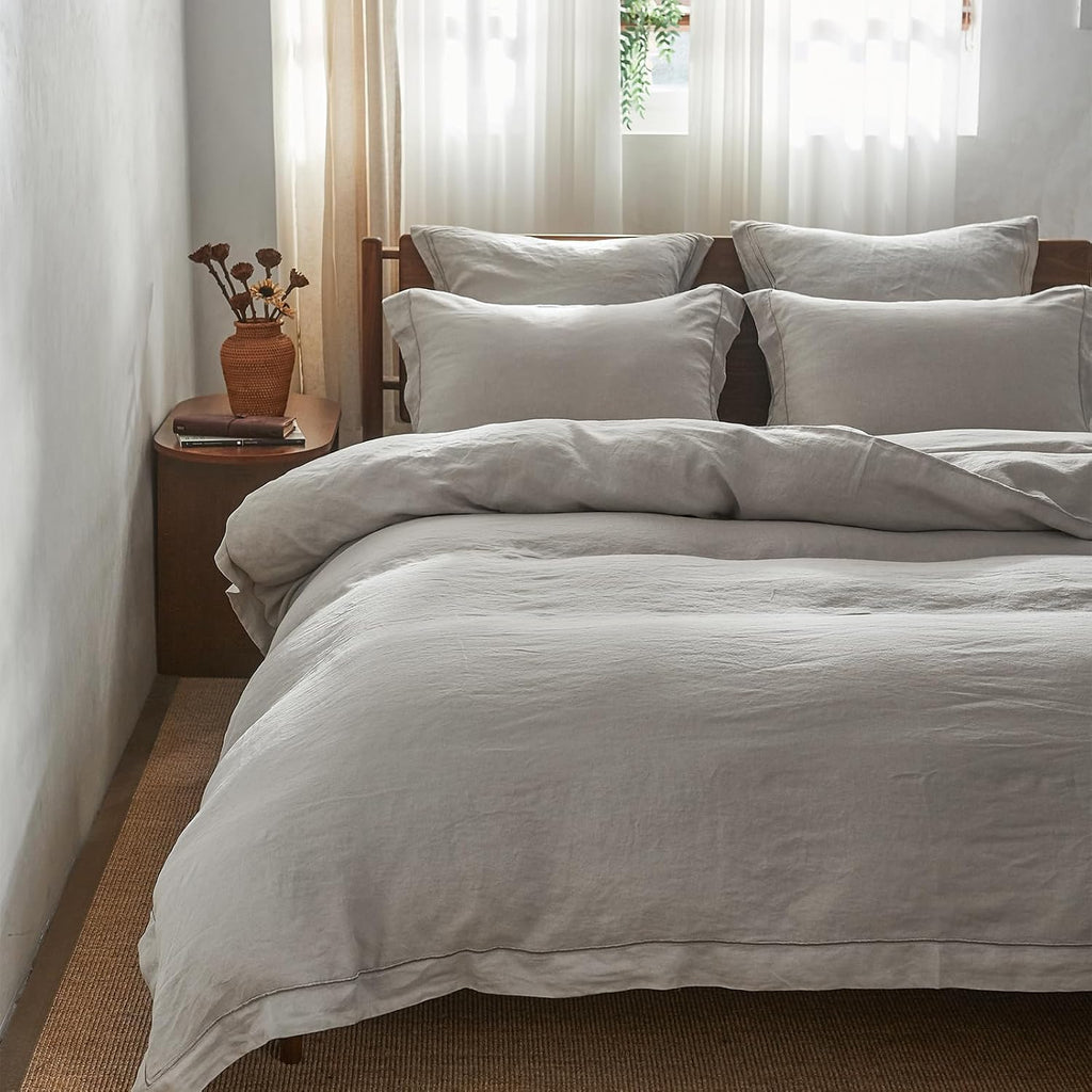 Simple&Opulence 100% Washed Linen Duvet Cover with Embroidered, 2 Pieces Soft Farmhouse Comforter Set with Button Closure,1…