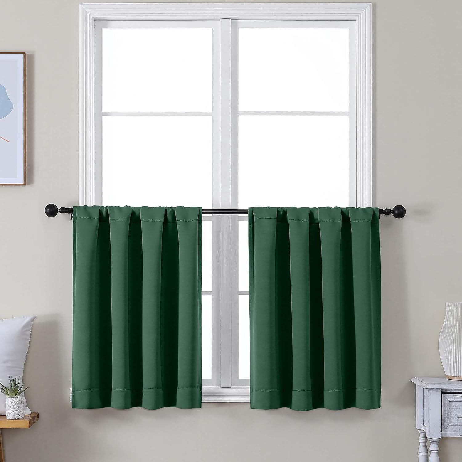 Simplebrand Ava Ever Green Short 24 Inches Blackout Curtain 2 Panels Set, Half Window Rod Pocket Privacy Curtain Tiers for Kitchen, Curtain…