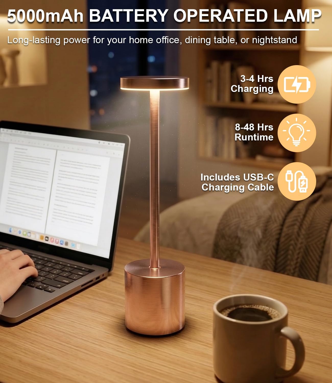 Cordless Table Lamps Rechargeable Set of 2, Portable LED Desk Lamp, 5000mAh Battery Powered Wireless Table Light - 3 Color Dimmable…
