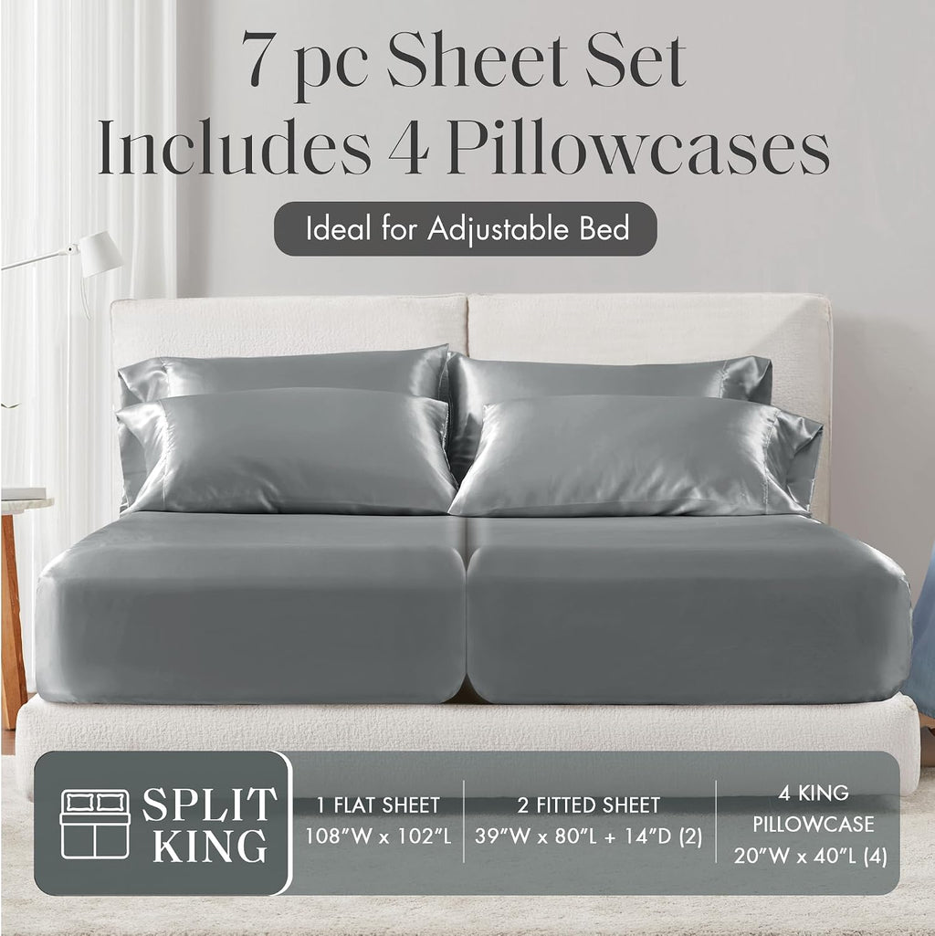Madisonpark Madison Park Satin Sheets Split King Size, Luxurious Silky Bed Sheets, Elastic 14" Pocket fits up to 16" Mattress, Wrinkle-Free…