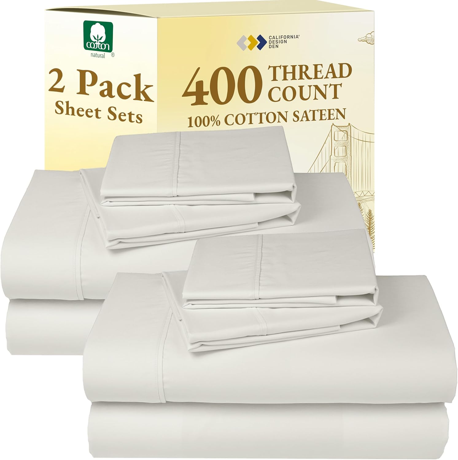 CaliforniaDesignDen California Design Den Pack of 2 100% Cotton Sheet Sets King Size 400 Thread Count Sateen - Soft and Breathable Sheets,…