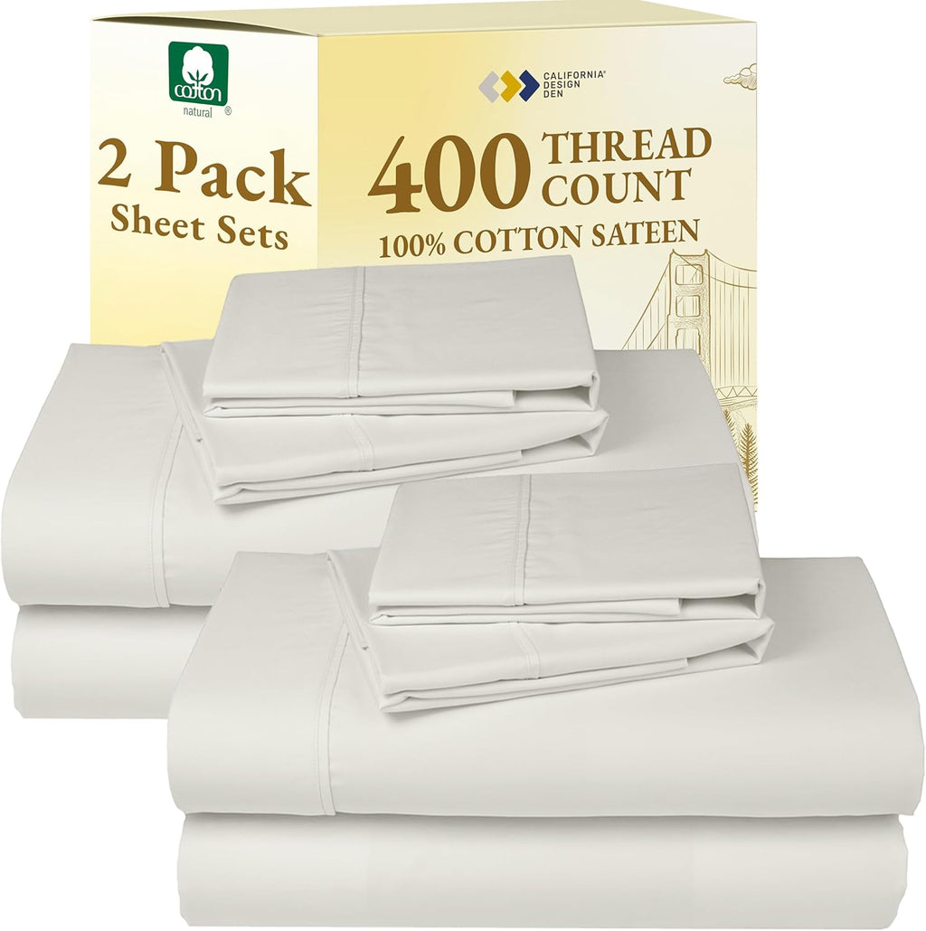 CaliforniaDesignDen California Design Den Pack of 2 Queen Sheet Set - 400 Thread Count 100% Cotton Sateen - Soft and Breathable Sheets, 2 S…