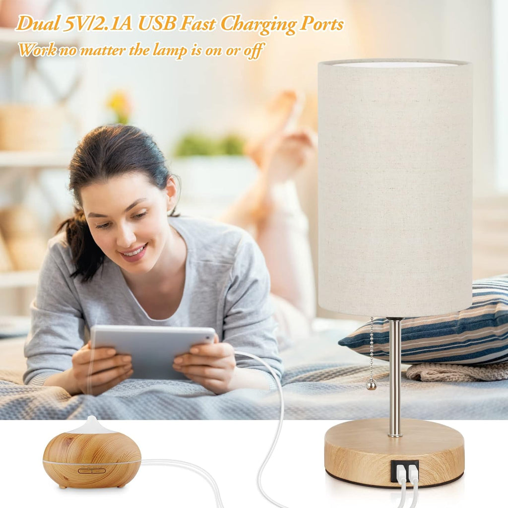 Lakumu Set of 2 Table Lamps with 2 USB Ports, Modern Bedside, Desk Lamps with Pull Chain, Nightstand Lamps with Cream Fabric Shade and…