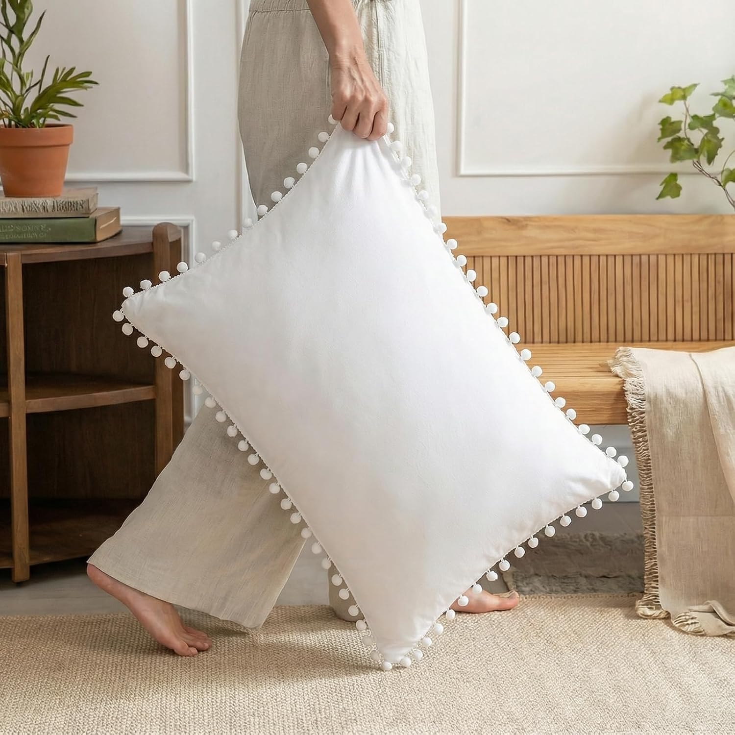 Moveover White Pillowcases, Standard Pom Poms Pillow Case Set of 2, 100% Washed Microfiber, Soft Solid White Pillow Shams, 2 Pack 2 Pack Wh…