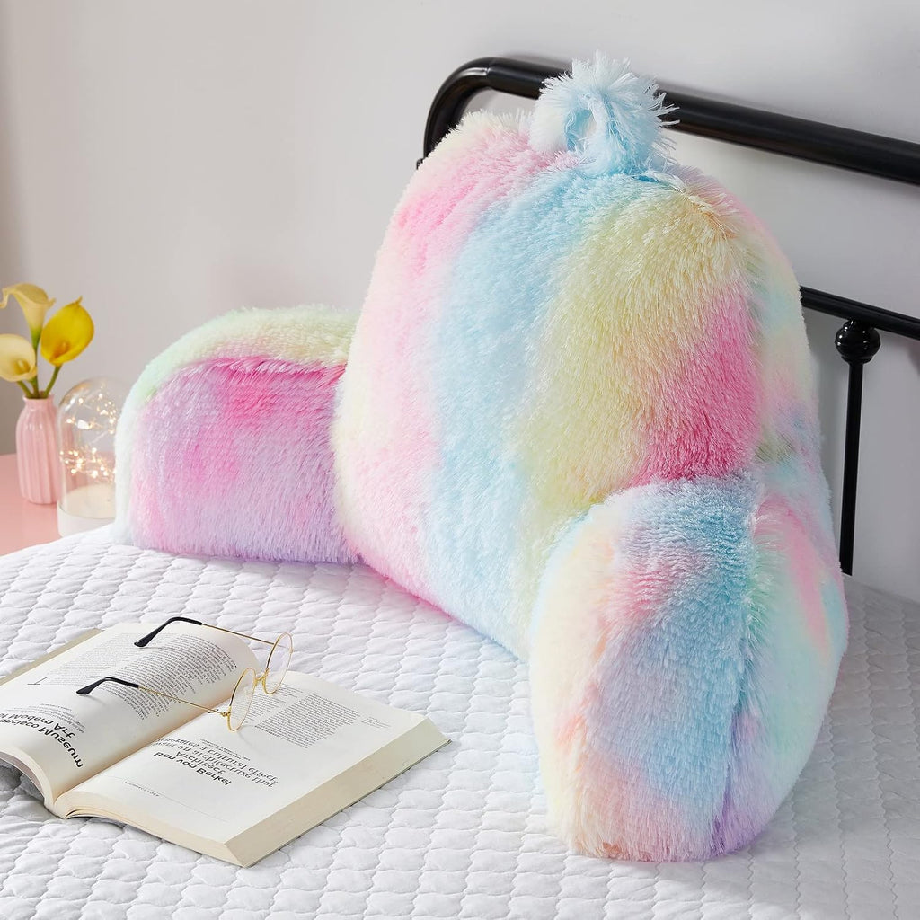 Bedriping Reading Pillow for Bed - Faux Fur Backrest Pillow with Arms, Reading & Bed Rest Pillows Rainbow Colors, Fluffy Sit Up Pillow, Stu…