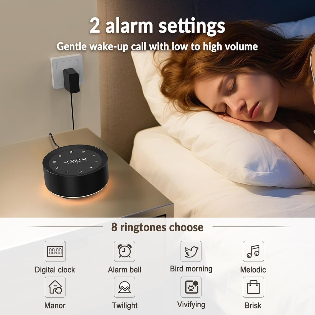 White Noise Machine with Alarm Clock & Night Light for Babies and Adults, 20 Soothing Sounds, Glare-Free Upward Display, Touch Control…