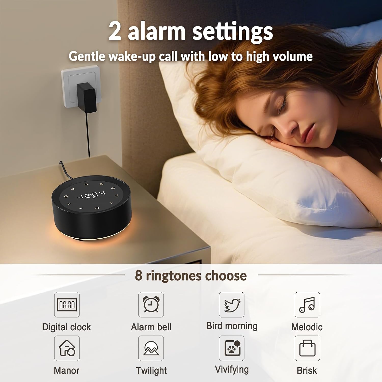 White Noise Machine with Alarm Clock & Night Light for Babies and Adults, 20 Soothing Sounds, Glare-Free Upward Display, Touch Control…