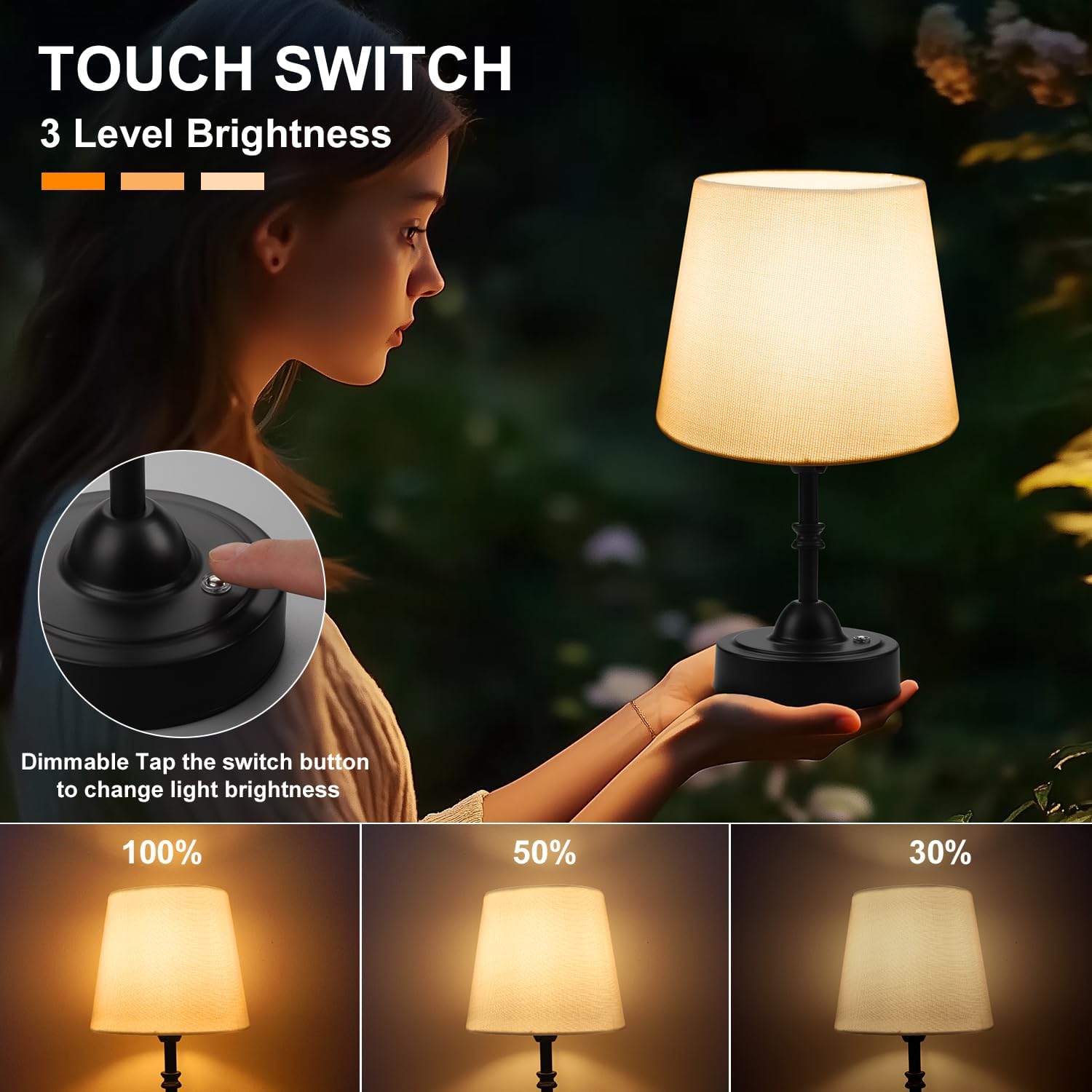 Swinerton Portable Cordless Table Lamp, 5000mAh Rechargeable Battery Operated Bedside Lamps, 3-Level Dimmable Nightstand Lamp, Wireless…