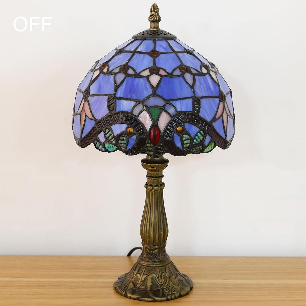 Tiffany Style Table Lamp, Blue Baroque Style Stained Glass Lamp, 8 Inch Small Antique Lamp, for Bedside Nightstand Bedroom Living Room…