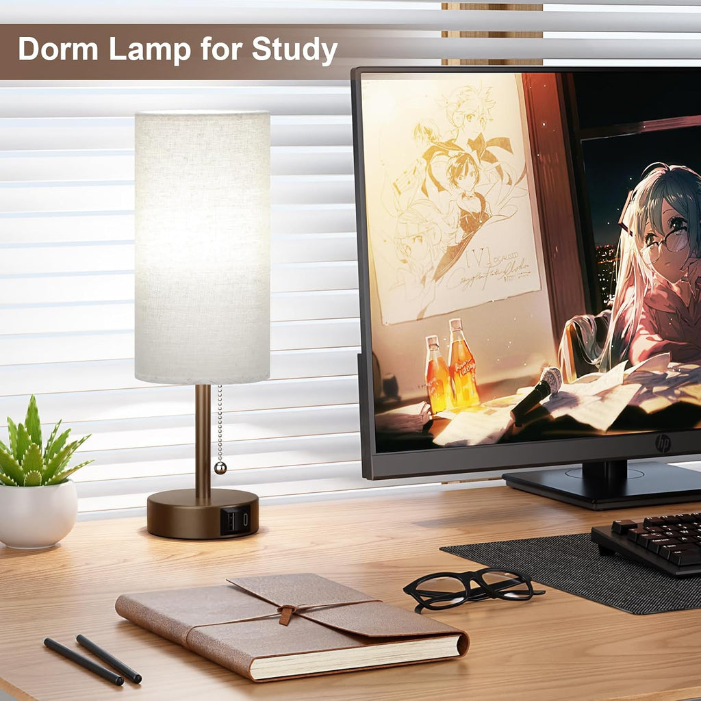 PartageiZ Brown Table Lamp for Bedroom Nightstand - Small Lamp with USB A + C Charging Port, 3 Color Temperatures Pull Chain Night Stand…