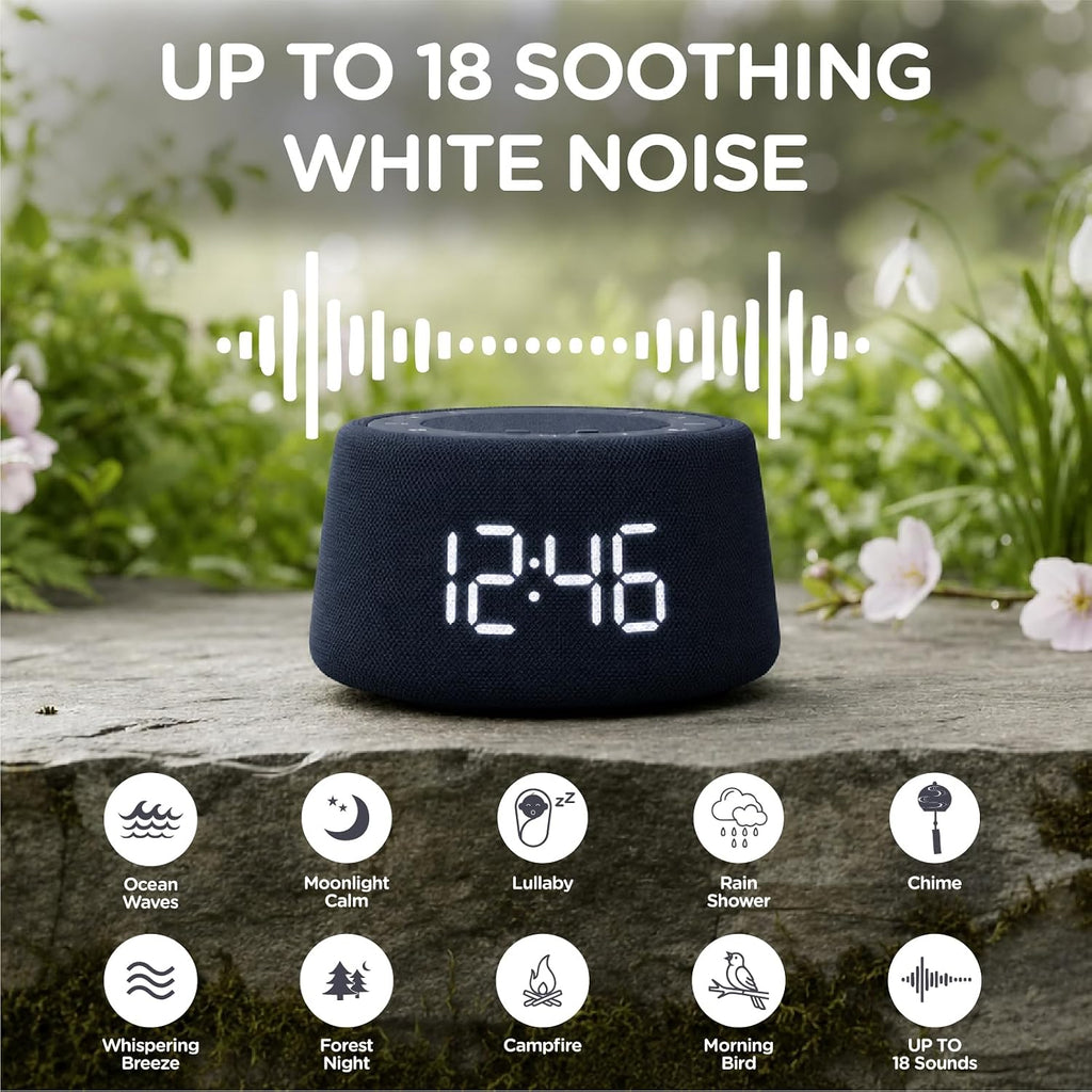 White Noise Sound Machine Alarm Clock with Bluetooth Speaker,18 Soothing Sounds, Ambient Light Ring, Adjustable Alarm Volume, USB…