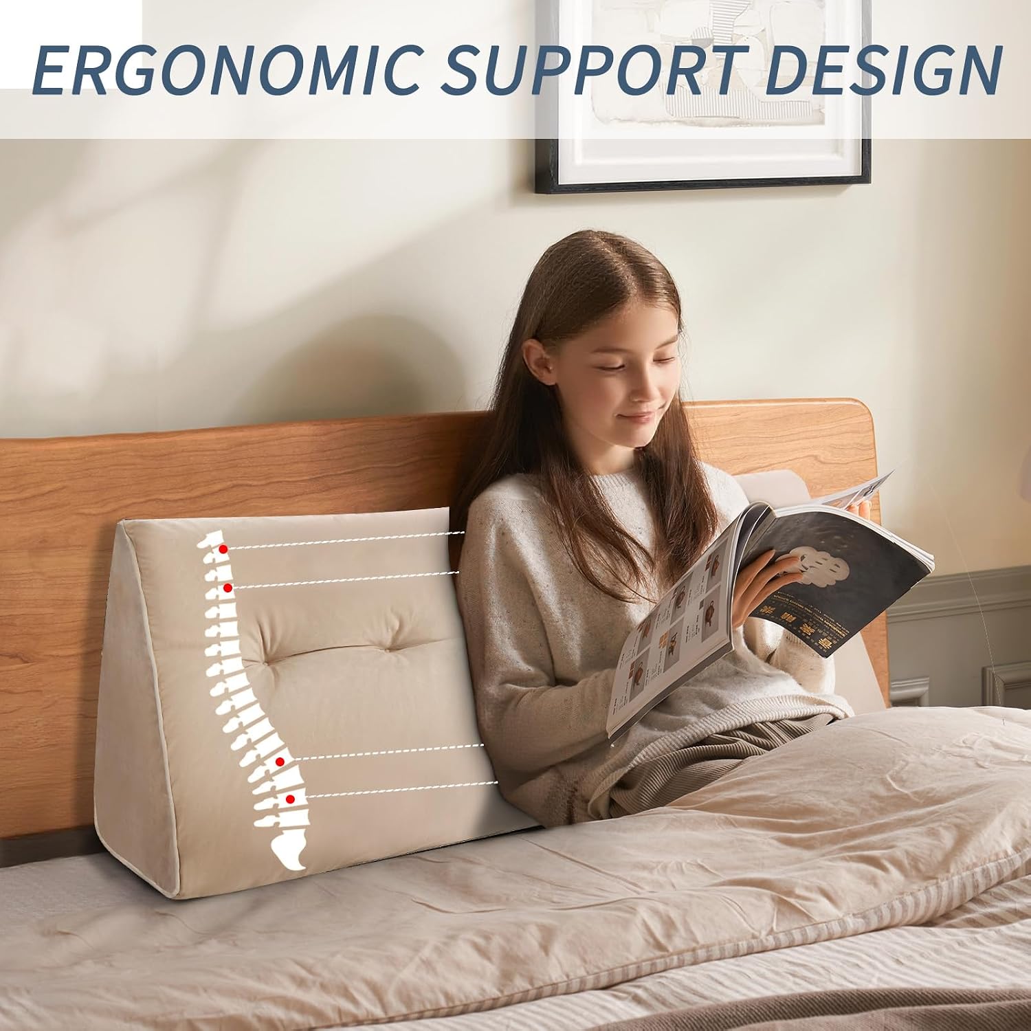 Headboard Wedge Pillows Full, Ergonomic Bed Triangular Headboard Pillow, Thickened Backrest Cushion for Reading in Dorm Bed Sofa, Beige…