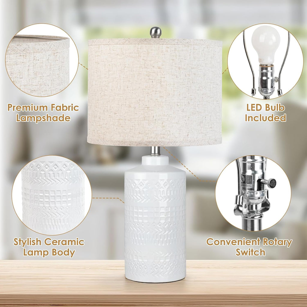 JUNNAI White Ceramic Table Lamp with Beige Shade: 3-Way Dimmable Night Stand Light Lamp 24.5" Modern Table Lamps for Living Room Bedroom…