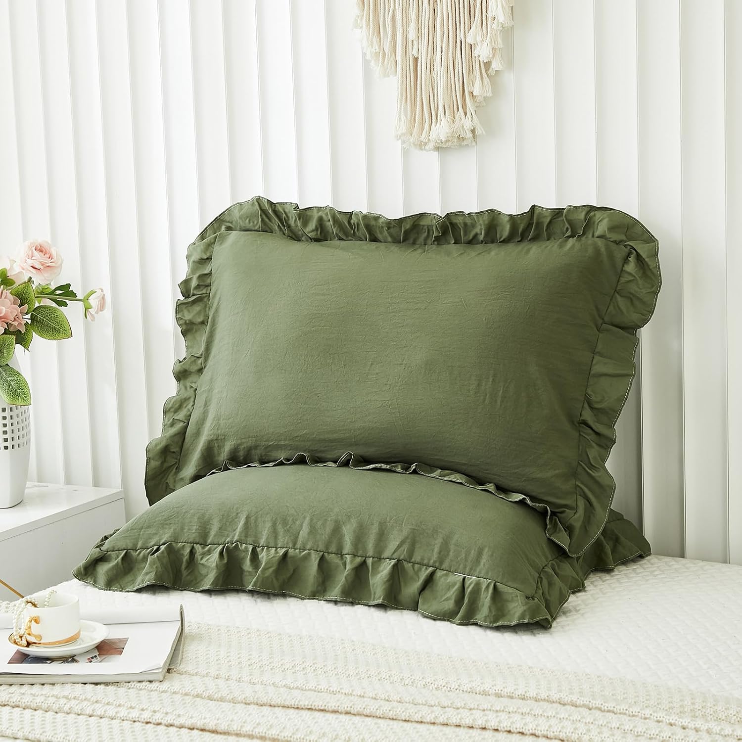 Merryword Shabby Chic Olive Green Ruffled Fringe Set of 2 Pillowcases - King (20''x36'') Green