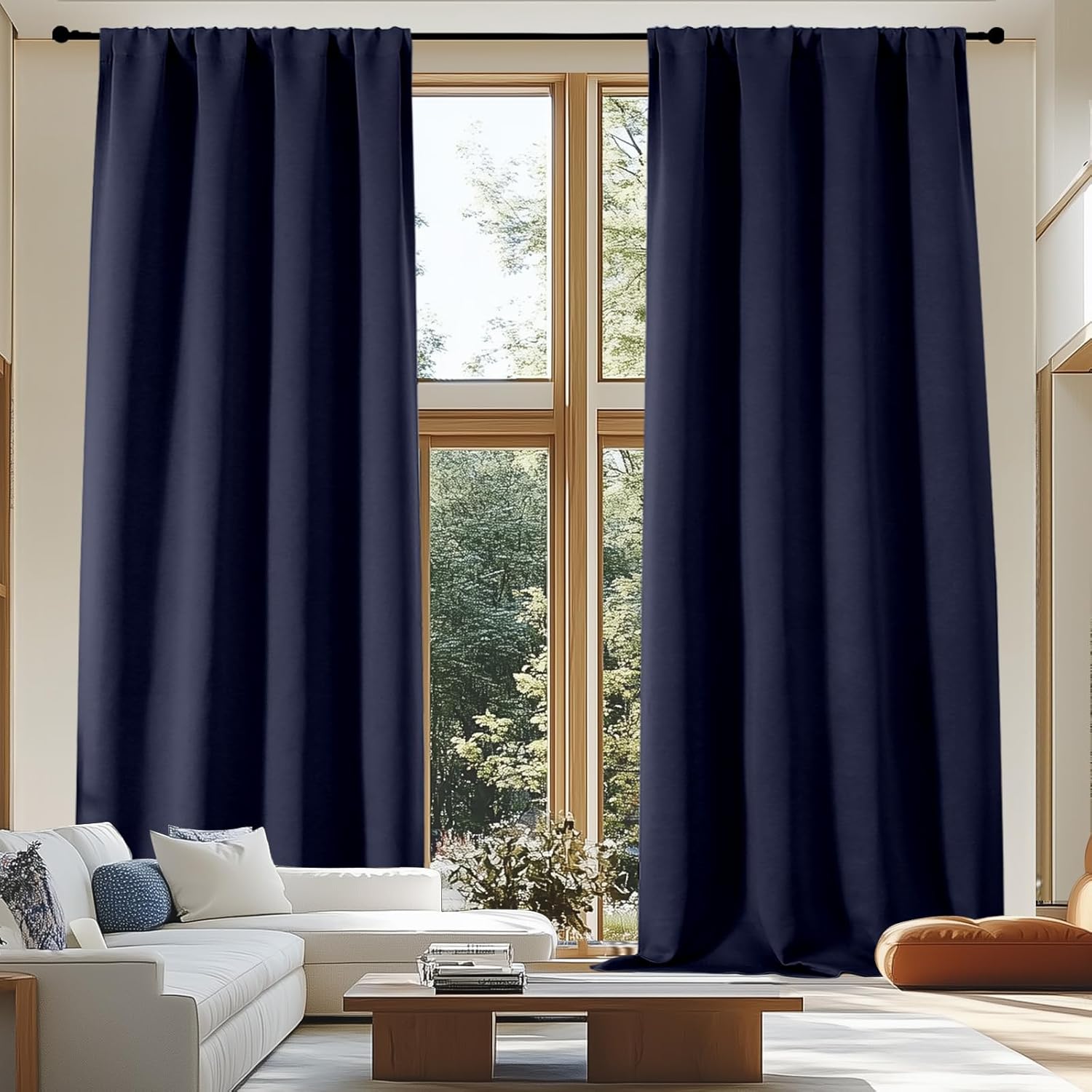 Simplebrand Ava Navy Blue Blackout Extra Long 10ft Curtains for Patio 120 Inches Long 2 Panels Set, Solid Thermal Insulated Energy Saving R…