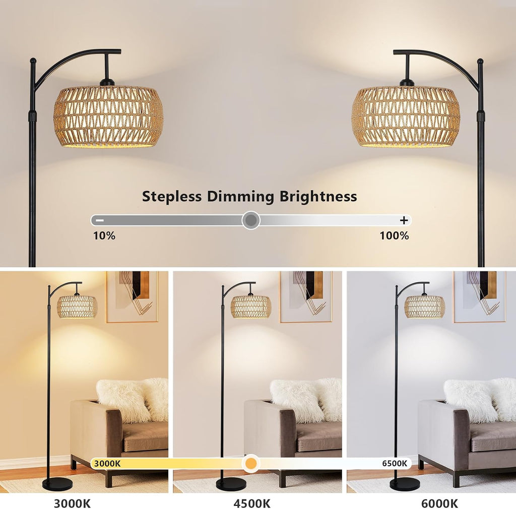 Arc Floor Lamp with Remote Control, Dimmable LED Floor Lamp with 3 Color Temperature, Black Standing Lamp with Rattan & Fabric Double…