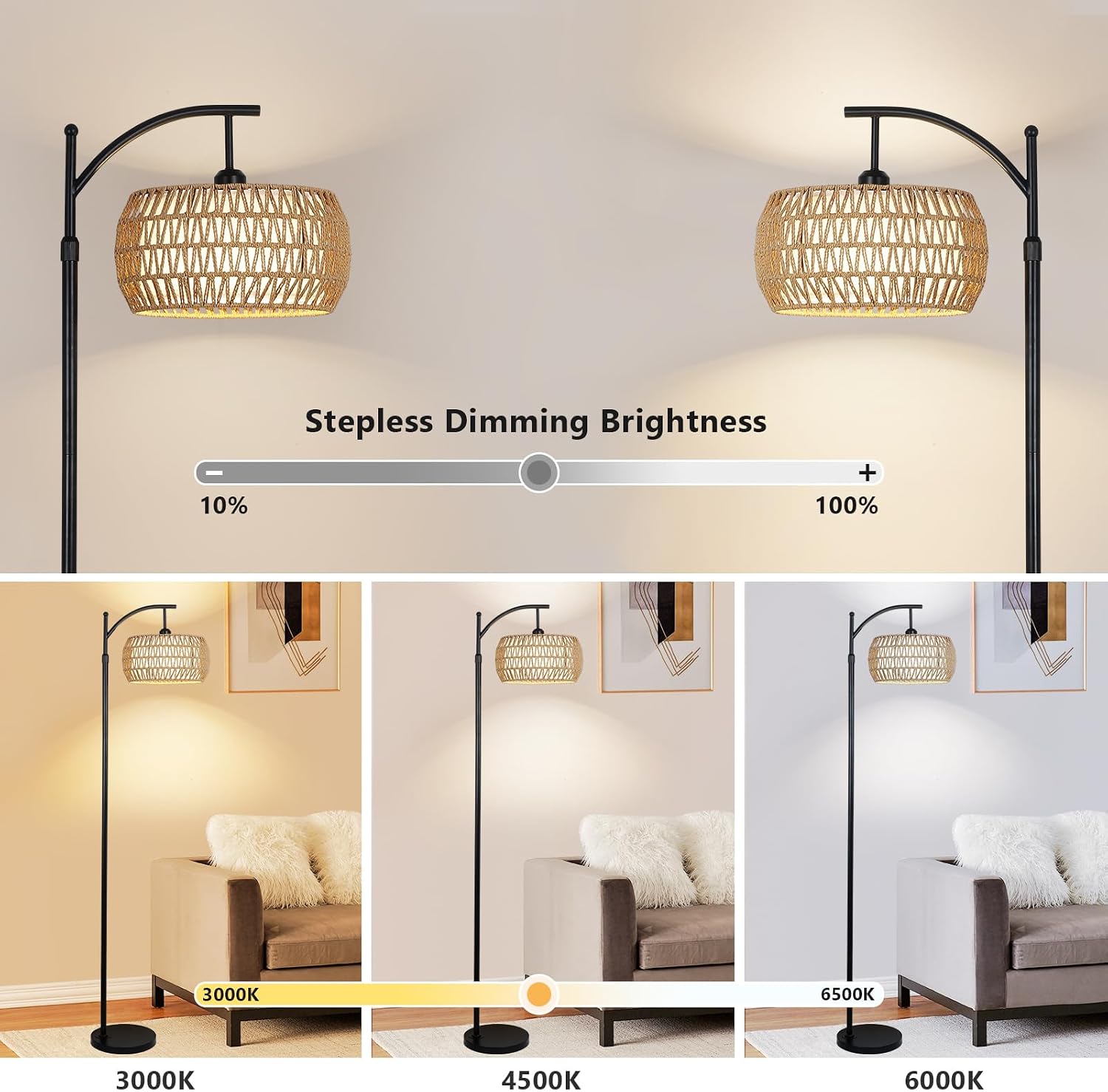 Arc Floor Lamp with Remote Control, Dimmable LED Floor Lamp with 3 Color Temperature, Black Standing Lamp with Rattan & Fabric Double…