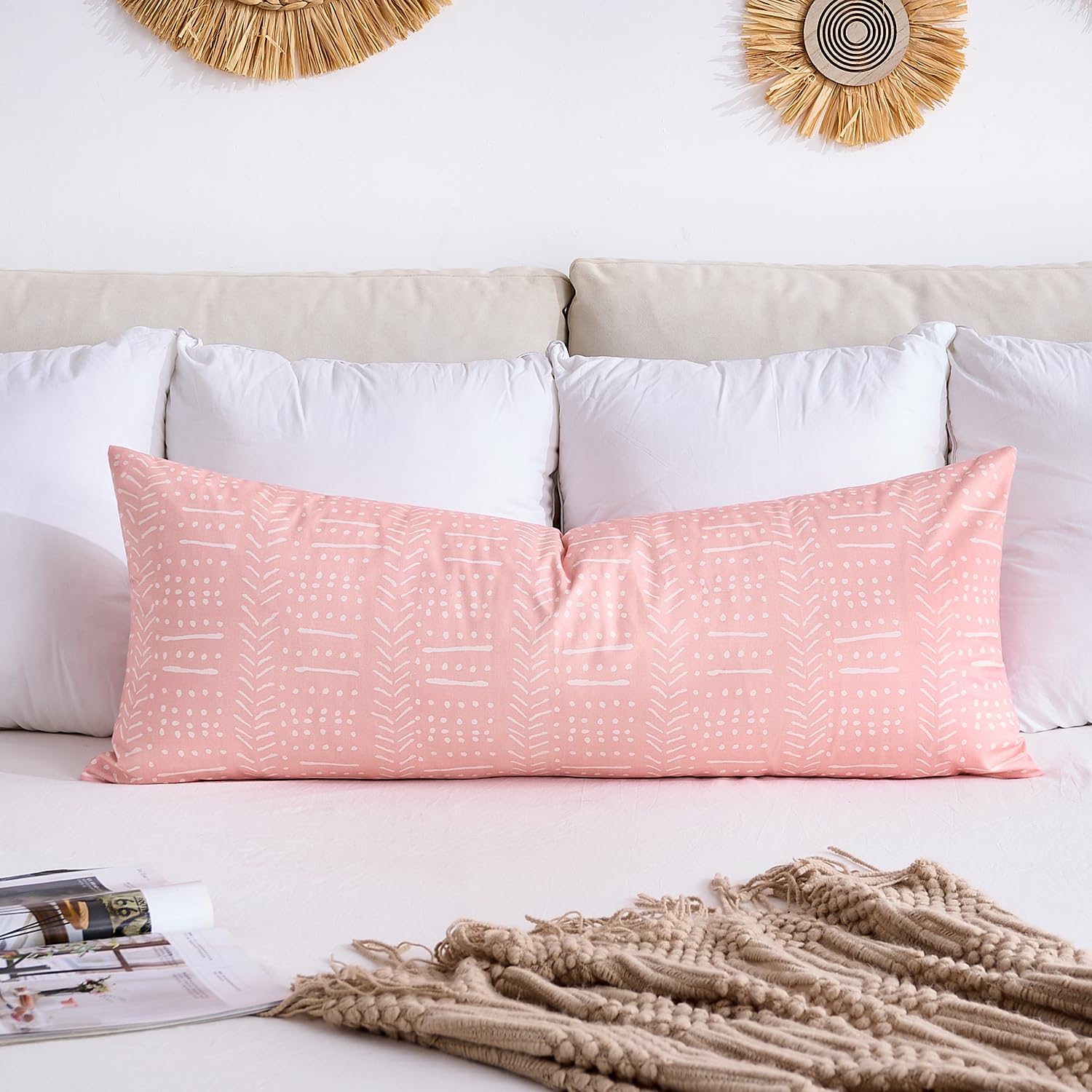 BONSTRAP Pink Boho Body Pillows Covers Decorative Long Lumbar Accent Throw Pillow Covers Large Queen 20x54 1 Piece for Bed Sleeping…