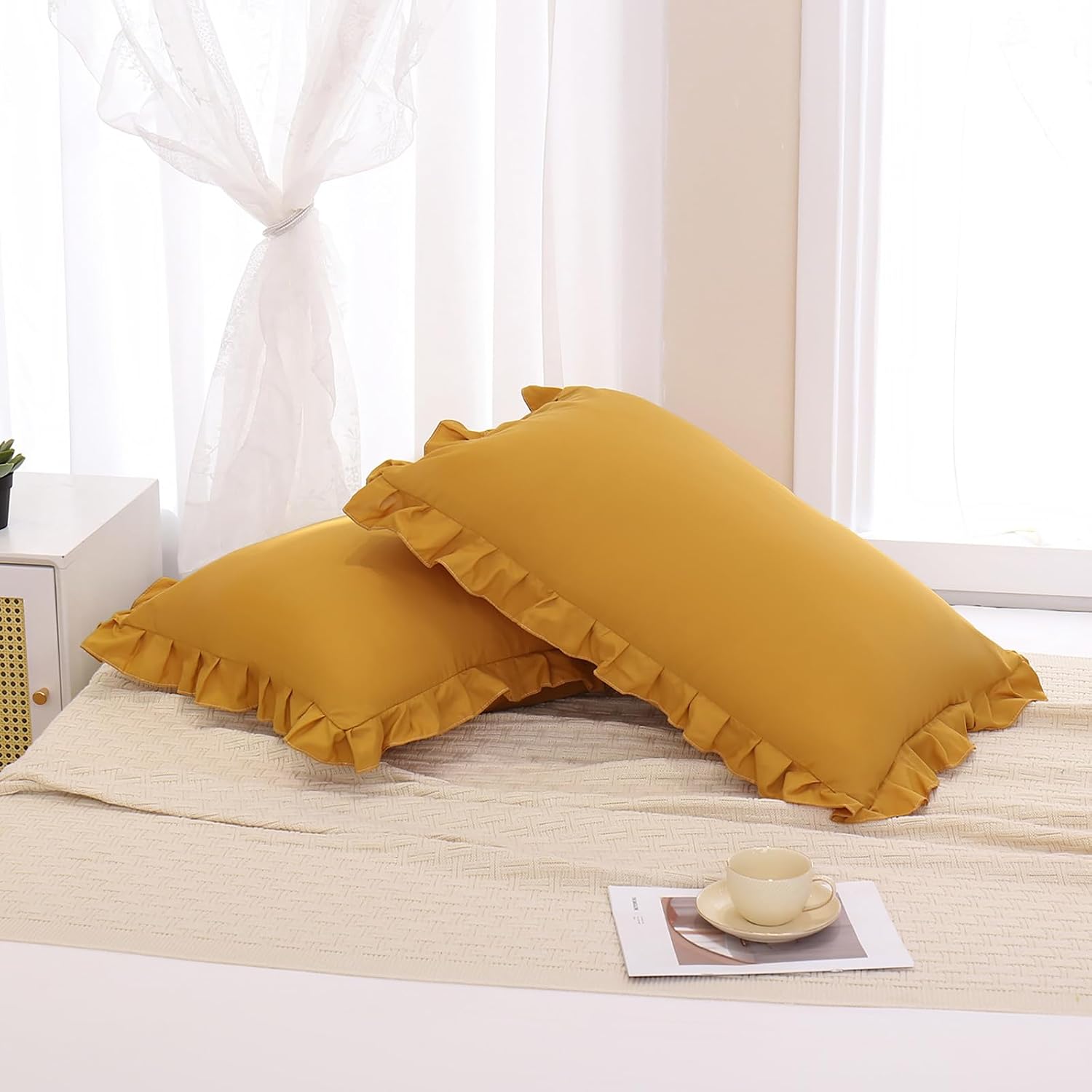 Merryword Mustard Yellow Pillowcases Standard Pillowcases 20x26inch Set of 2 Ruffle Pillow Shams Cute Pillow Covers Solid Yellow Shabby Chi…