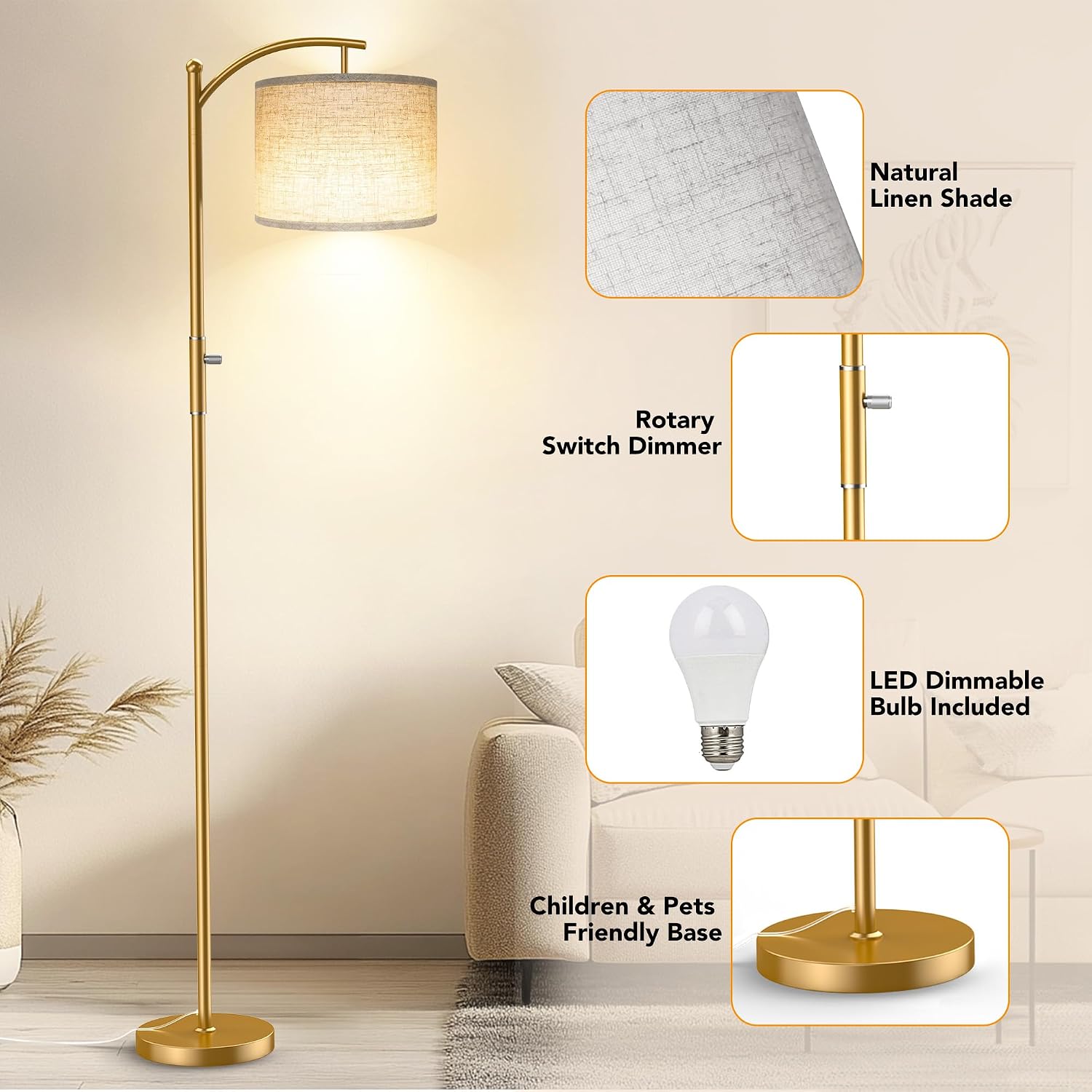 Dimmable Floor Lamp, Arc Floor Lamps for Living Room, Stepless Dimming Modern Standing Lamp with Linen Shade, Tall Lamp for Bedroom…