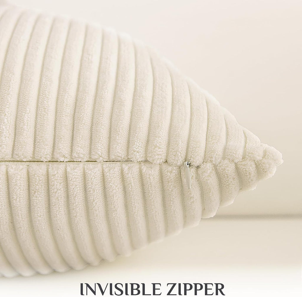 Softalker Throw Pillow Covers 18 x 18, Set of 2 - Cream Spring Decorative Soft Corduroy Striped Boho Beige Pillow Covers, White Cushion Pil…
