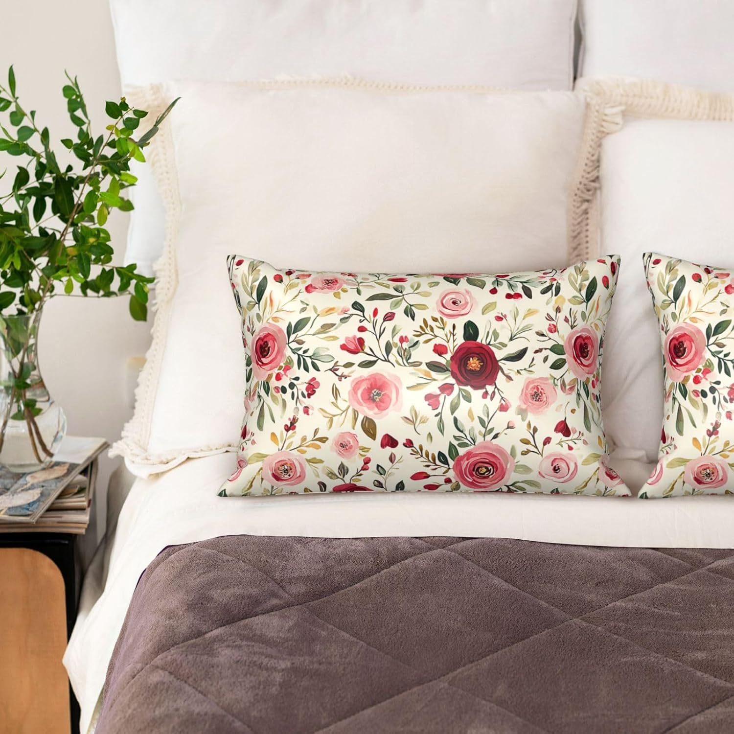 Satin Pillowcase for Hair and Skin Watercolor Floral Pink and Red Roses Super Soft and Cooling Similar to Silk Pillow Case 1 Pack with…