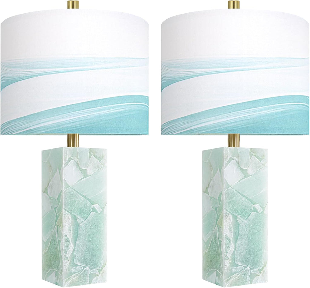 Scenekoy 23" Alabaster Table Lamp Set of 2 with Night Light for Bedroom Living Room, Rotary Switch, Blue Table Lamp with Linen Shade…