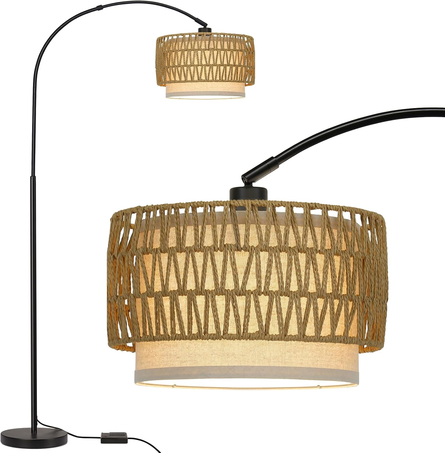 Rattan Floor Lamp, Dimmable Arc Floor Lamps for Living Room, Boho Farmhouse Standing Lamp with Adjustable Head, Tall Pole Lamp Reading…