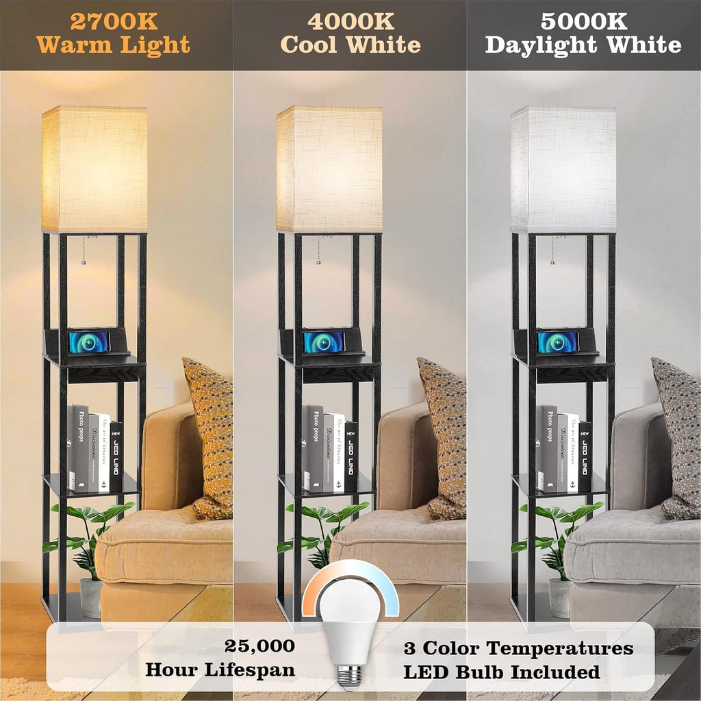 Floor Lamp with Shelves, RUNTOP LED Shelf Floor Lamp with Wireless Charger & 2 Charging USB Ports & Drawer, AC Outlet, 3 Color…