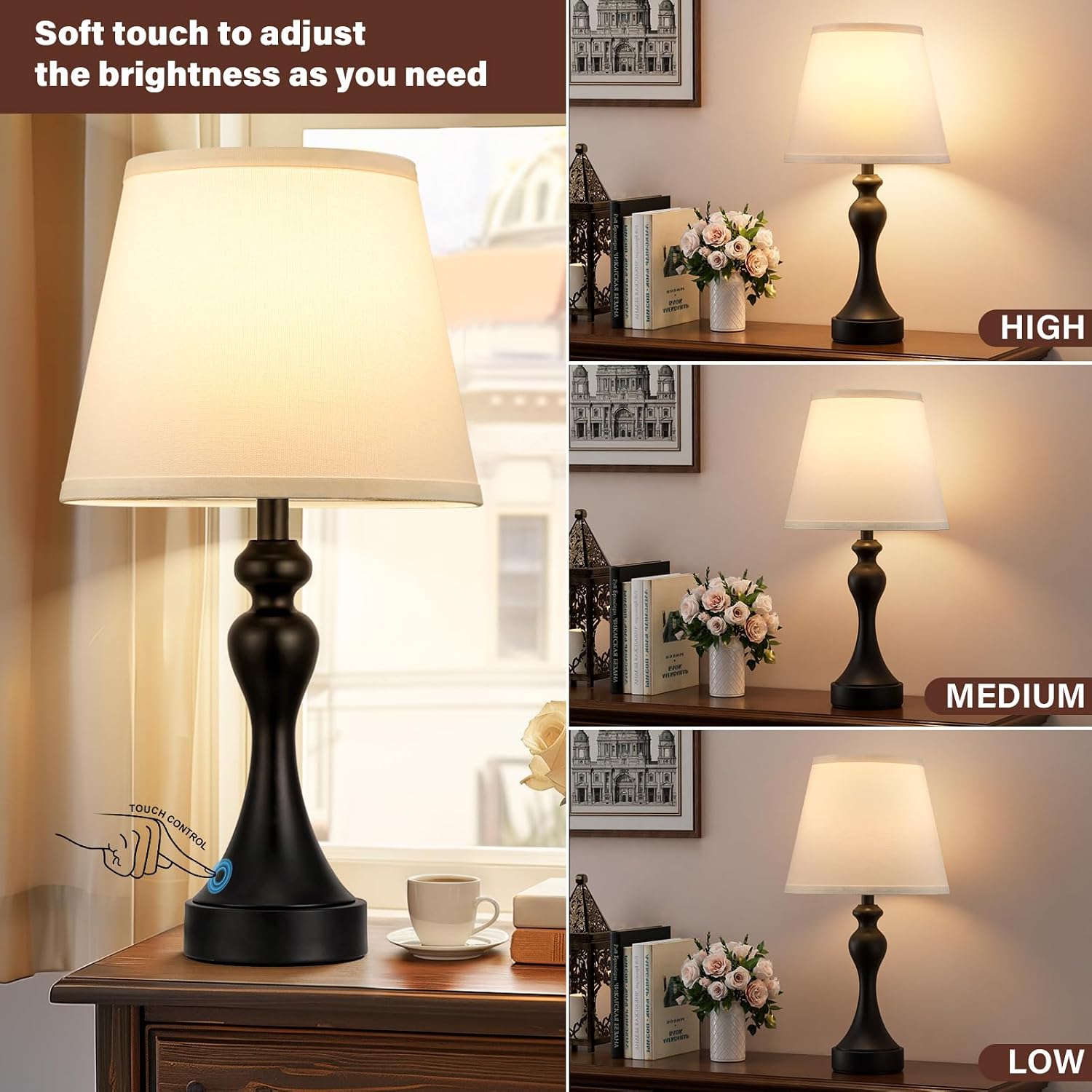 Seealle Touch Lamps for Nightstand - Bedside Lamps Set of 2, 3 Way Dimmable, USB C+A for Bedroom & End Tables (White&Black)