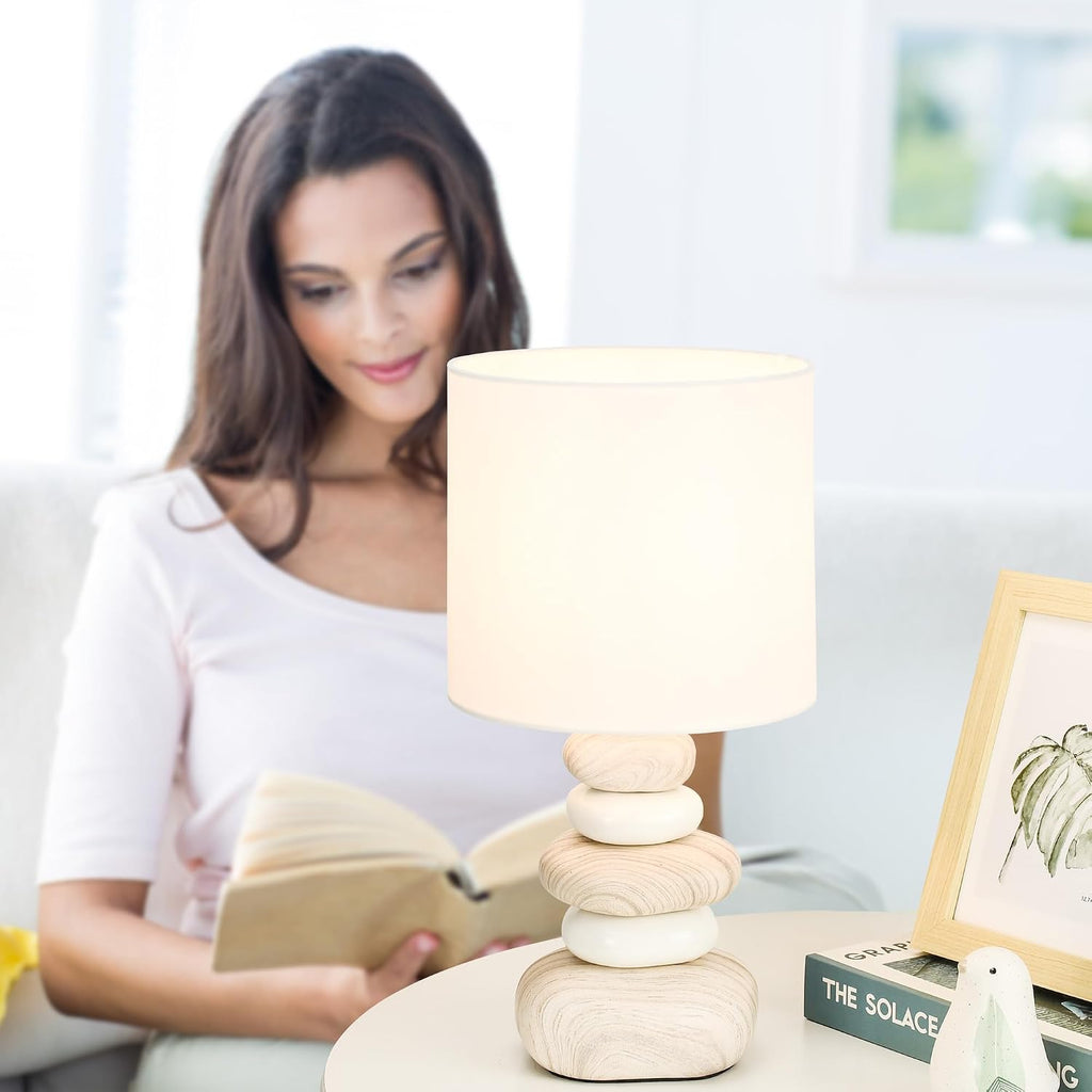Stoney Ceramic Table Lamp for Living Room as Modern Kids Night Bedside Table Lamp for Bedroom, Φ7.09×H13.58IN, Bulb Excluded, Light Wood