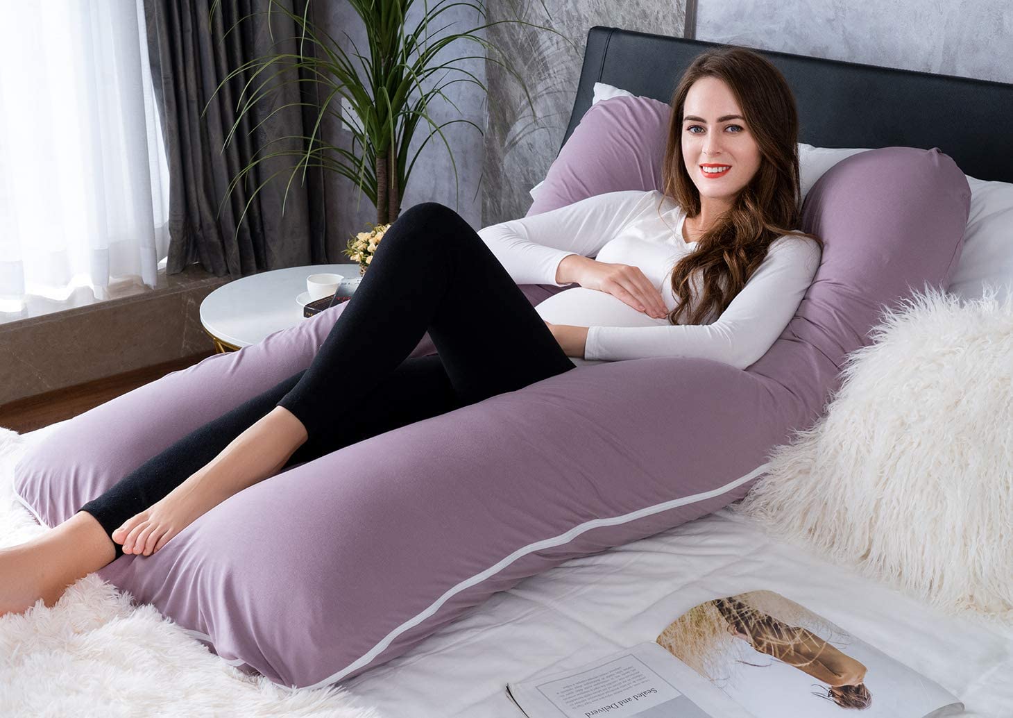 Meiz U Shaped Sleeping, Cooling 60‘’ Maternity Pillow for Pregnant Women with Jersey Cover, Purple 1 Count 60 Inch Cotton