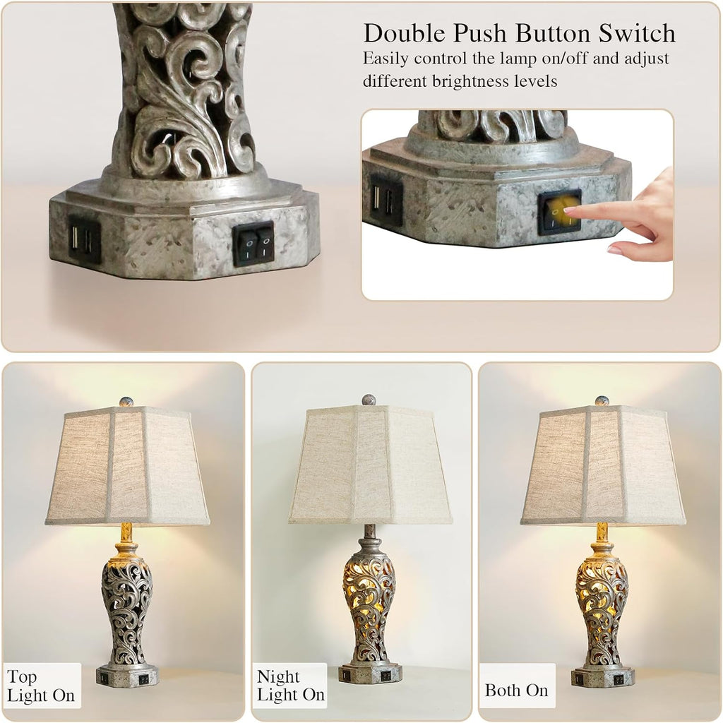 Vintage Table Lamps Set of 2 for Living Room Bedroom, 2 USB Ports 25'' Rustic Farmhouse Desk Lamp with Nightlight, Iron Gray Hollow Out…