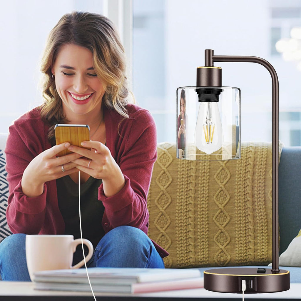 Industrial Touch Table Lamps Set of 2 - Bedside Lamps with 2 USB Ports & AC Outlet, 3-Way Dimmable Nightstand Desk Lamp for Bedroom…