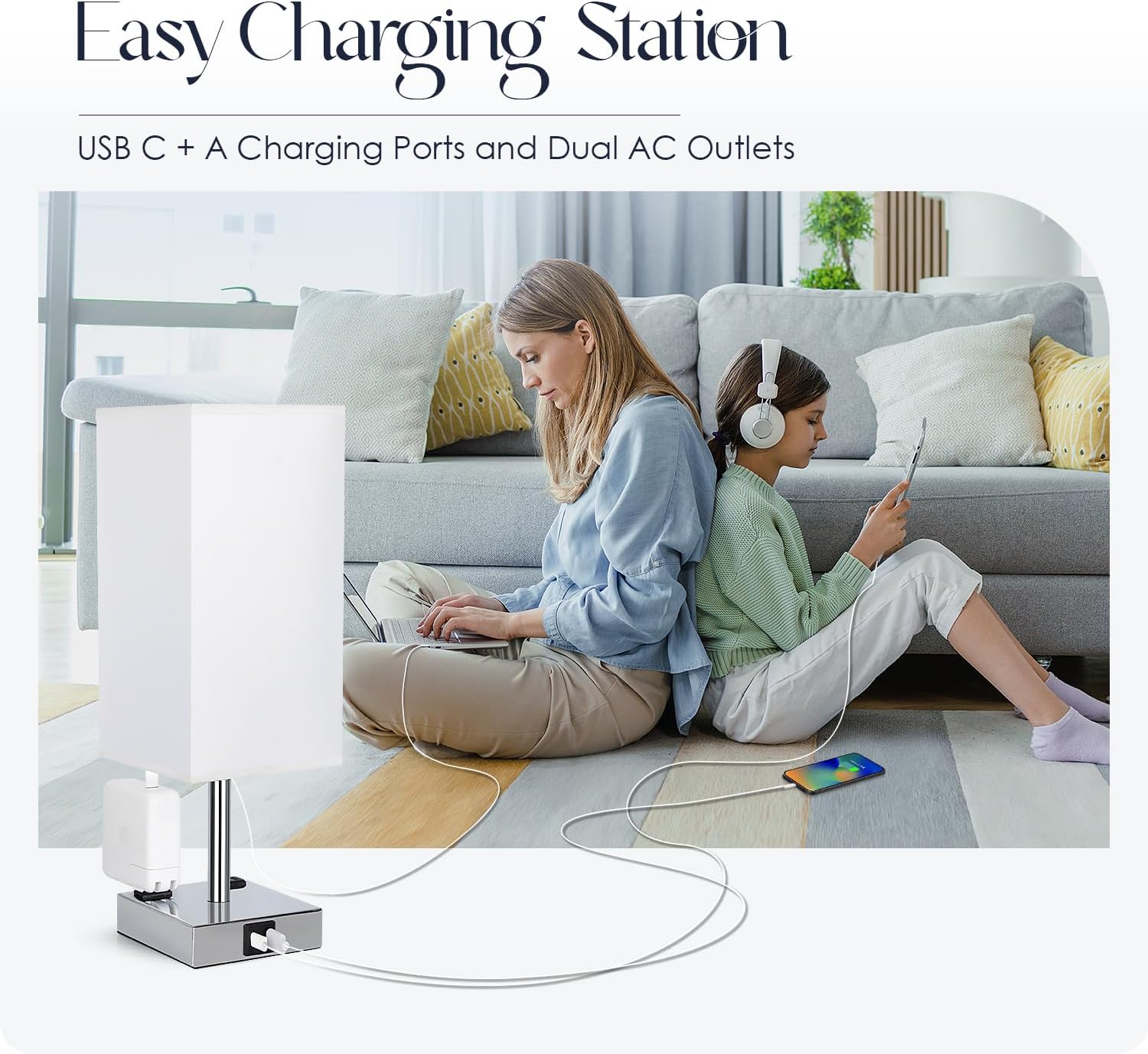 Set of 2 Bedside Table Lamp 3 Way Dimmable Nightstand Lamp with USB C & USB A Charging Port, 2 AC Outlets, 3000K LED Bulbs (White)