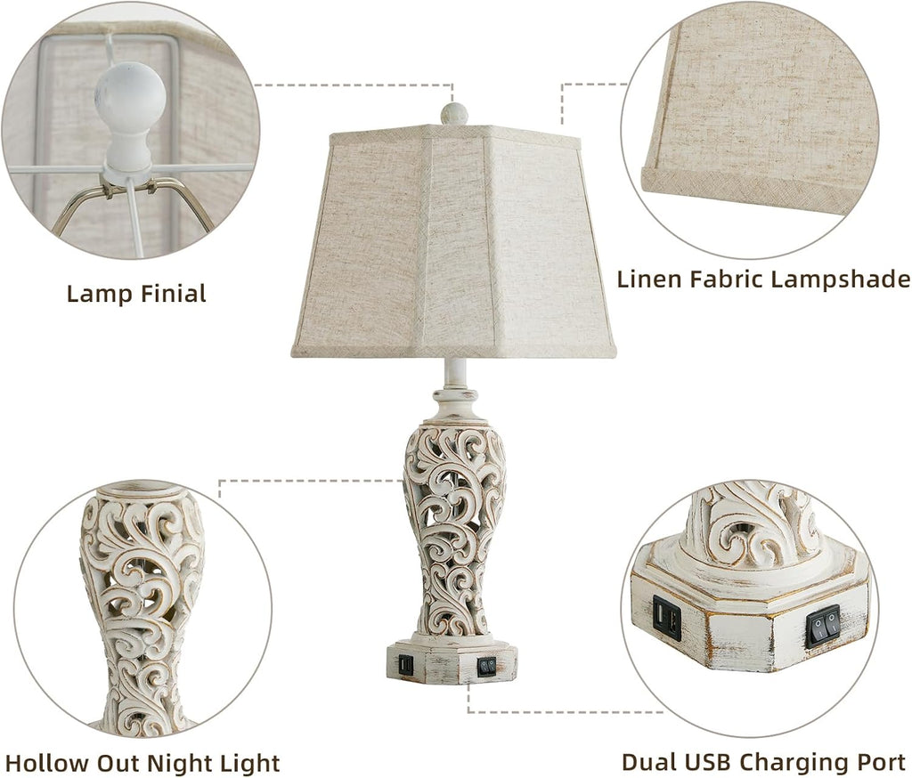 25'' Farmhouse Table Lamp for Living Room Bedroom, 2 USB Ports Vintage Rustic Nightstand Desk Lamp with Nightlight, White Hollow Out…