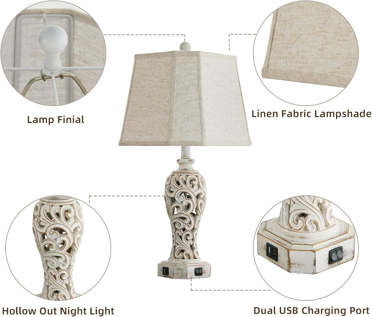 25'' Farmhouse Table Lamp for Living Room Bedroom, 2 USB Ports Vintage Rustic Nightstand Desk Lamp with Nightlight, White Hollow Out…