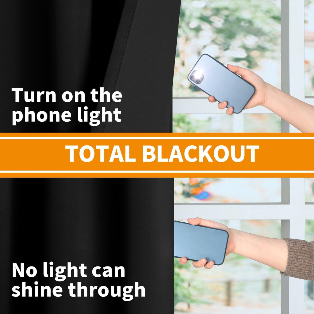 YoungsTex Black 100% Blackout Curtains 45 Inches for Bedroom Thermal Insulated Total Room Darkening Curtains for Living Room Window with Bl…