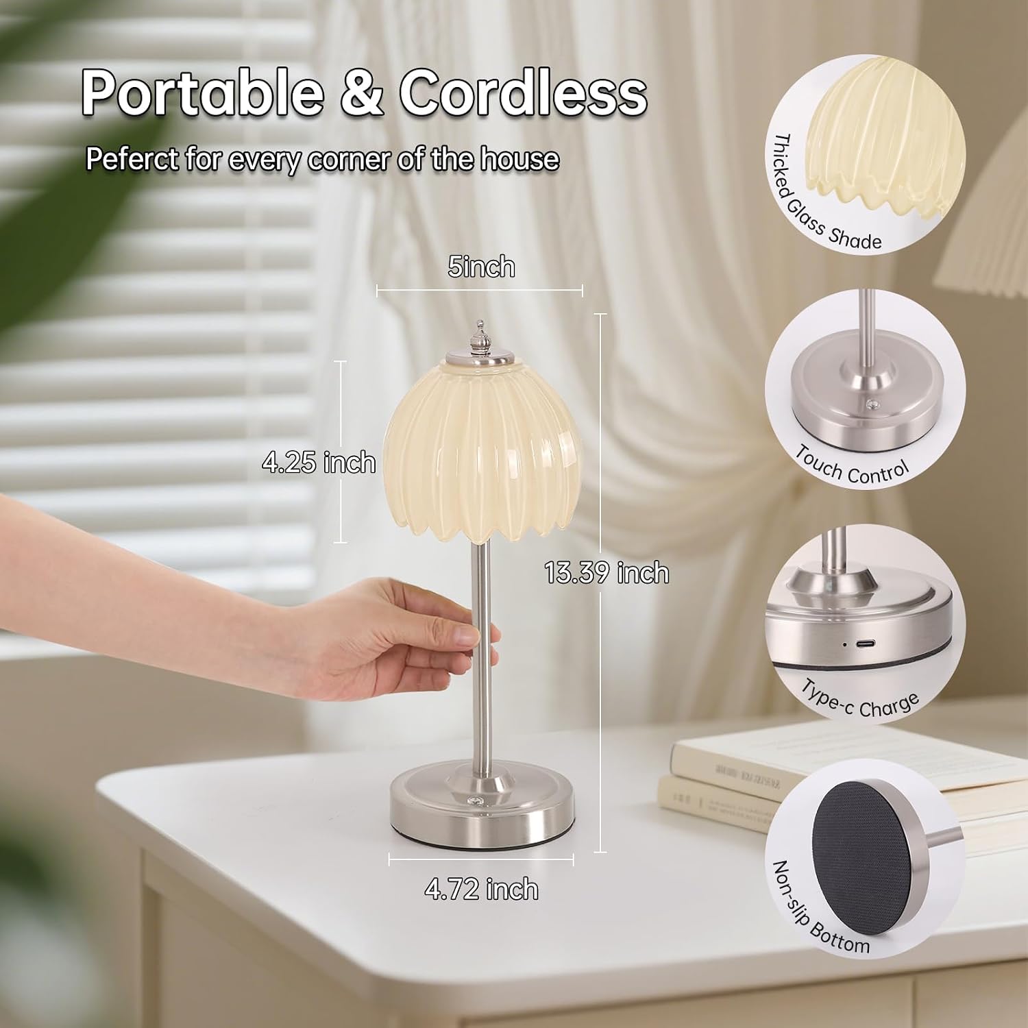 Shenmoyl Tulip Table Lamp with 5200mAh Battery & Touch Control, Cordless Small Table Lamp with 3 Colors, Dimmable Rechargeable Table…