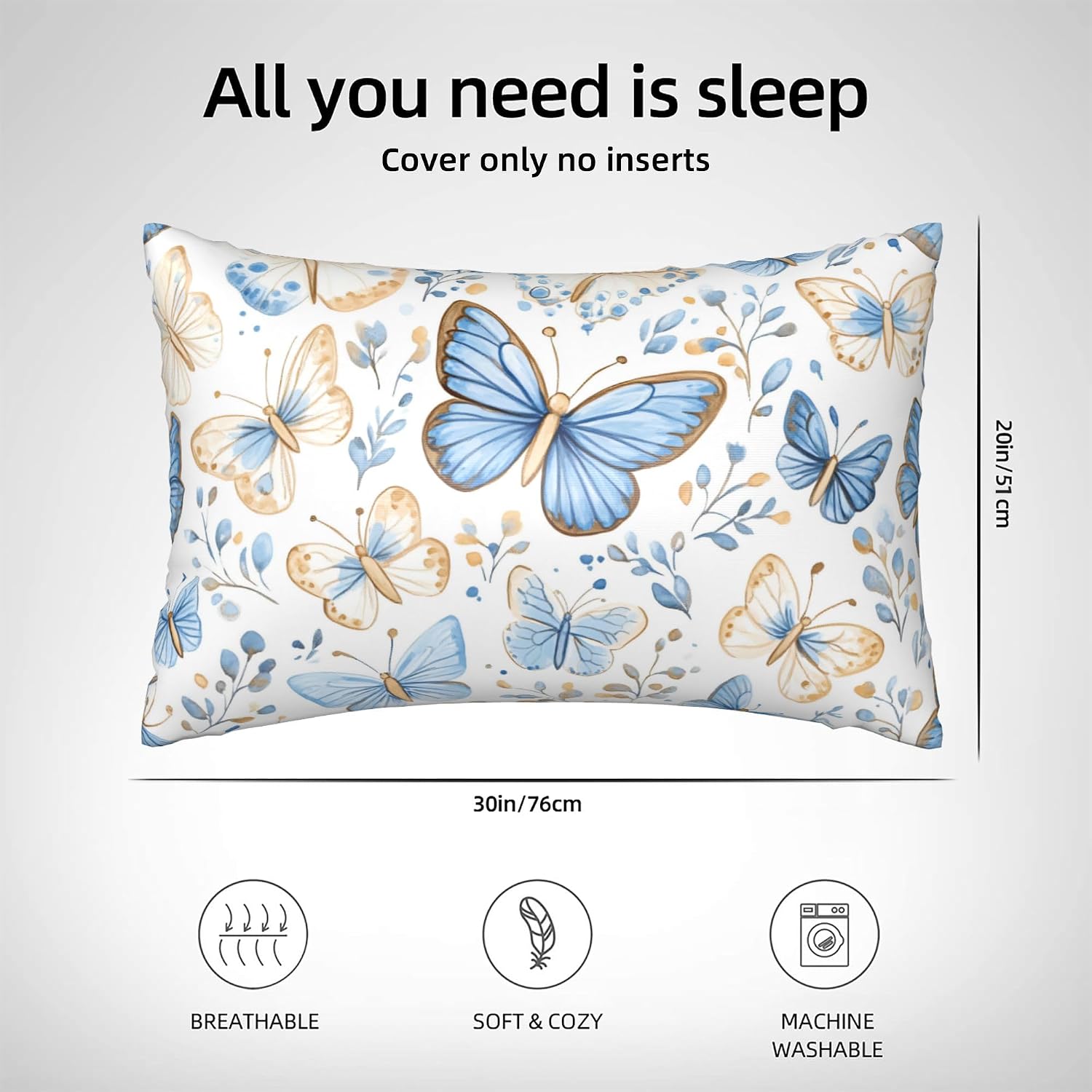 Satin Pillowcase for Hair and Skin Vintage Blue and Beige Butterfly Super Soft and Cooling Similar to Silk Pillow Case 1 Pack with Hidden…