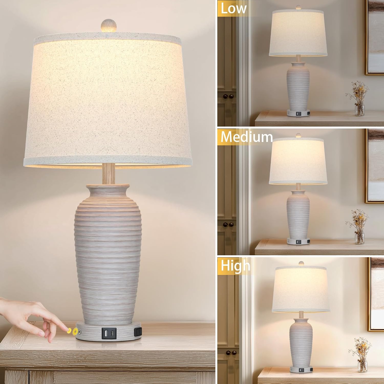 CINSARY 25" Vintage Farmhouse Jar Table Lamps, Single Rustic Bedside Lamp with USB A+C Ports & AC Outlet, Nightstand Lamps for Living…
