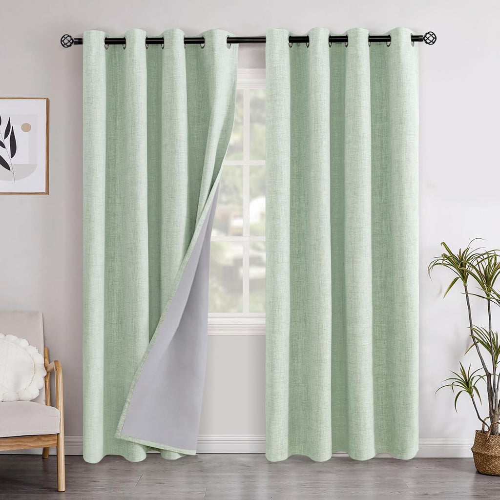 YoungsTex Sage Green Linen Blackout Curtains 80 Inch Length for Living Room, Full Room Darkening Drapes Thermal Insulated with Grommet Ener…