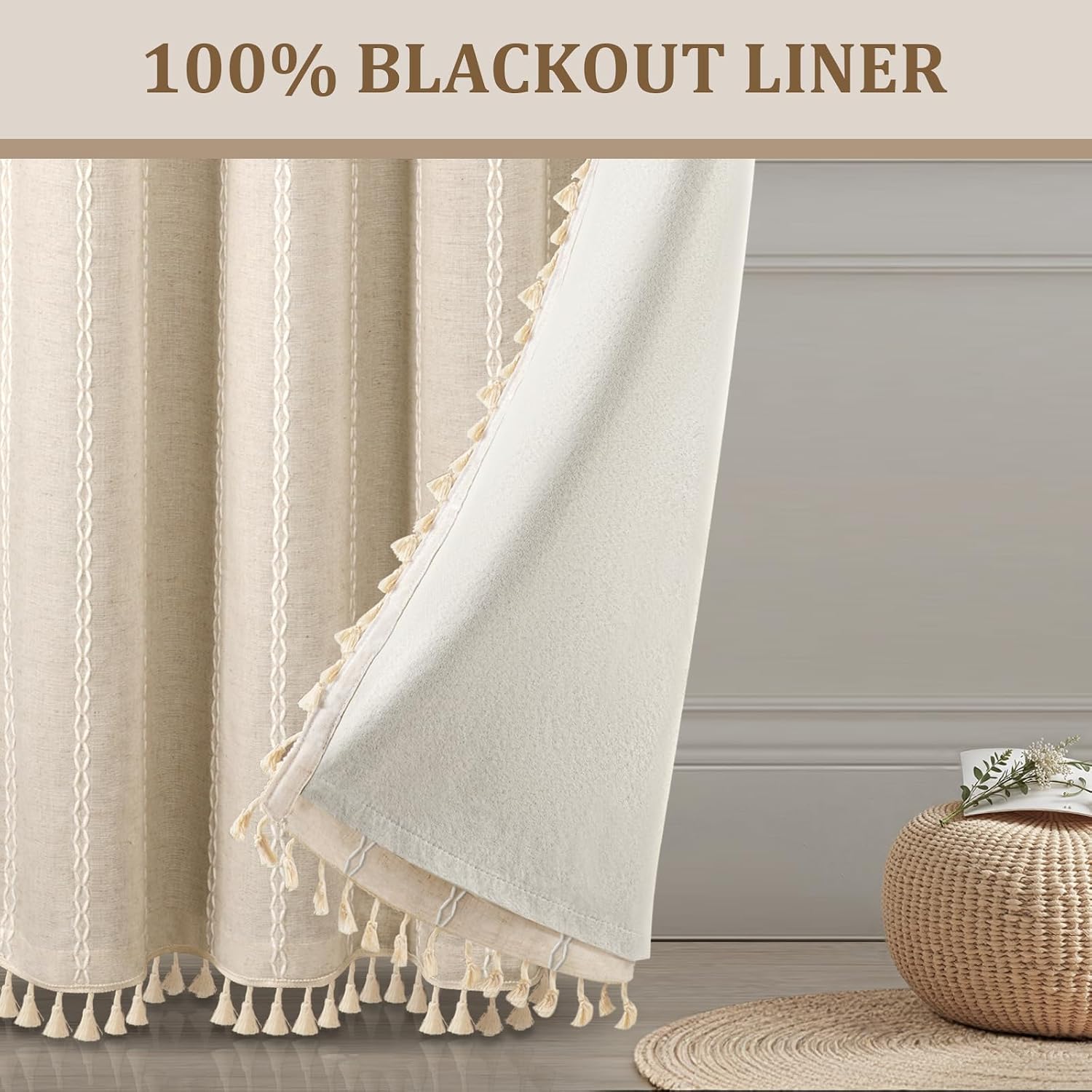 XOGUIBO Boho Blackout Curtains 2 Panels 84 Inch for Living Room Bedroom, Beige Linen Texture Farmhouse Curtains with Tassels and Cot…