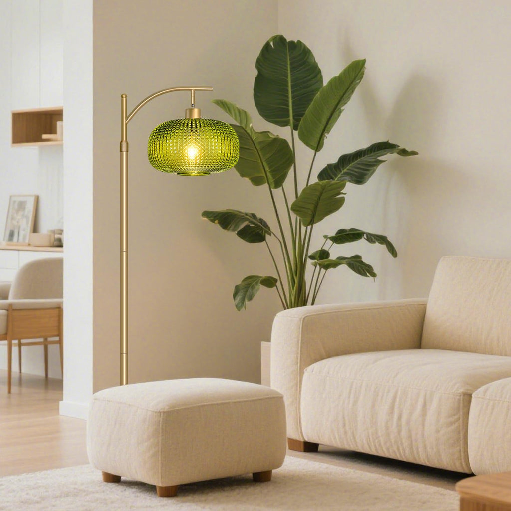 Modern Floor Lamp for Living Room, Mid Century Tall Standing Lamp Green Glass Lamp Shade, Dimmable Gold Tall Pole Lamp for Bedroom Office…