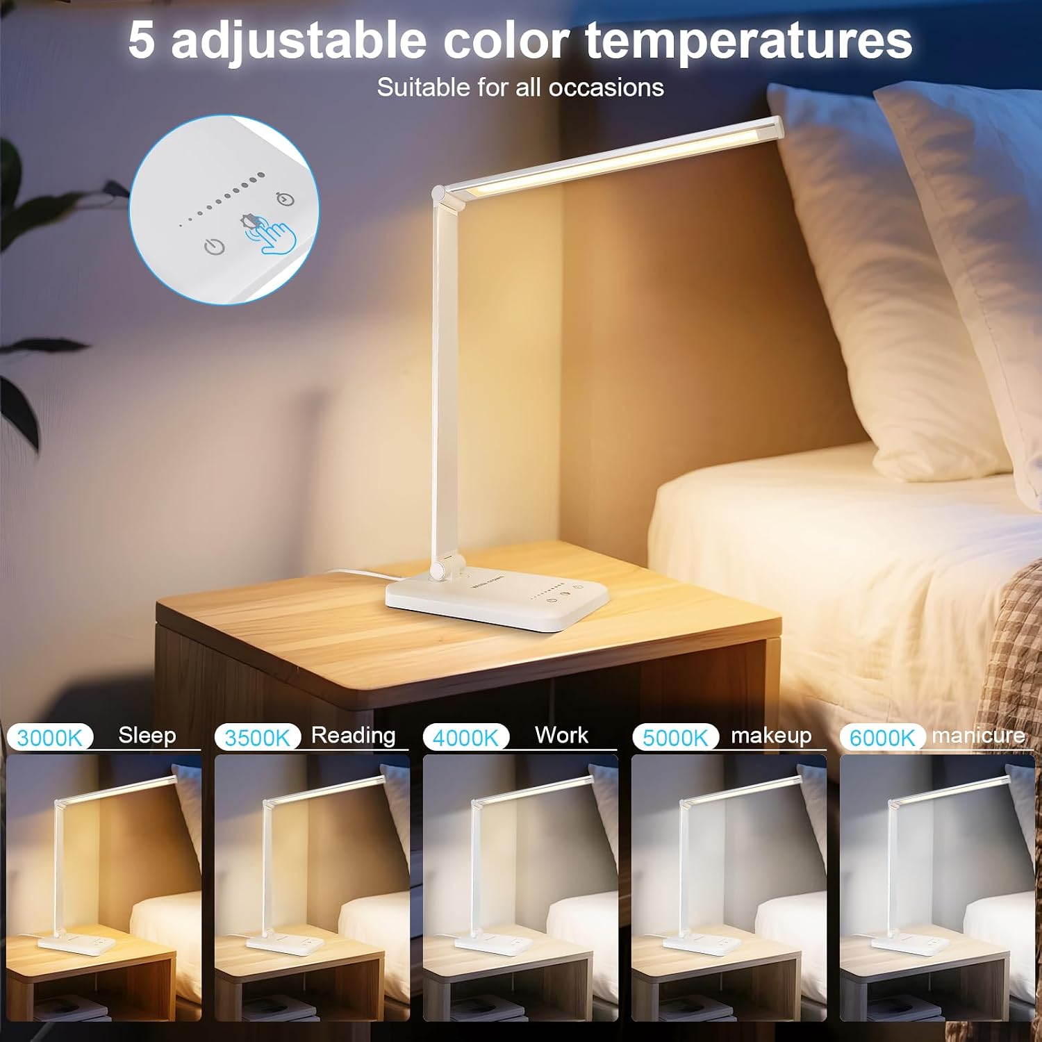 WhiteCrown White crown LED Desk Lamp Dimmable Table Lamp Reading Lamp with USB Charging Port, 5 Lighting Modes, Sensitive Control, 30/60 Mi…